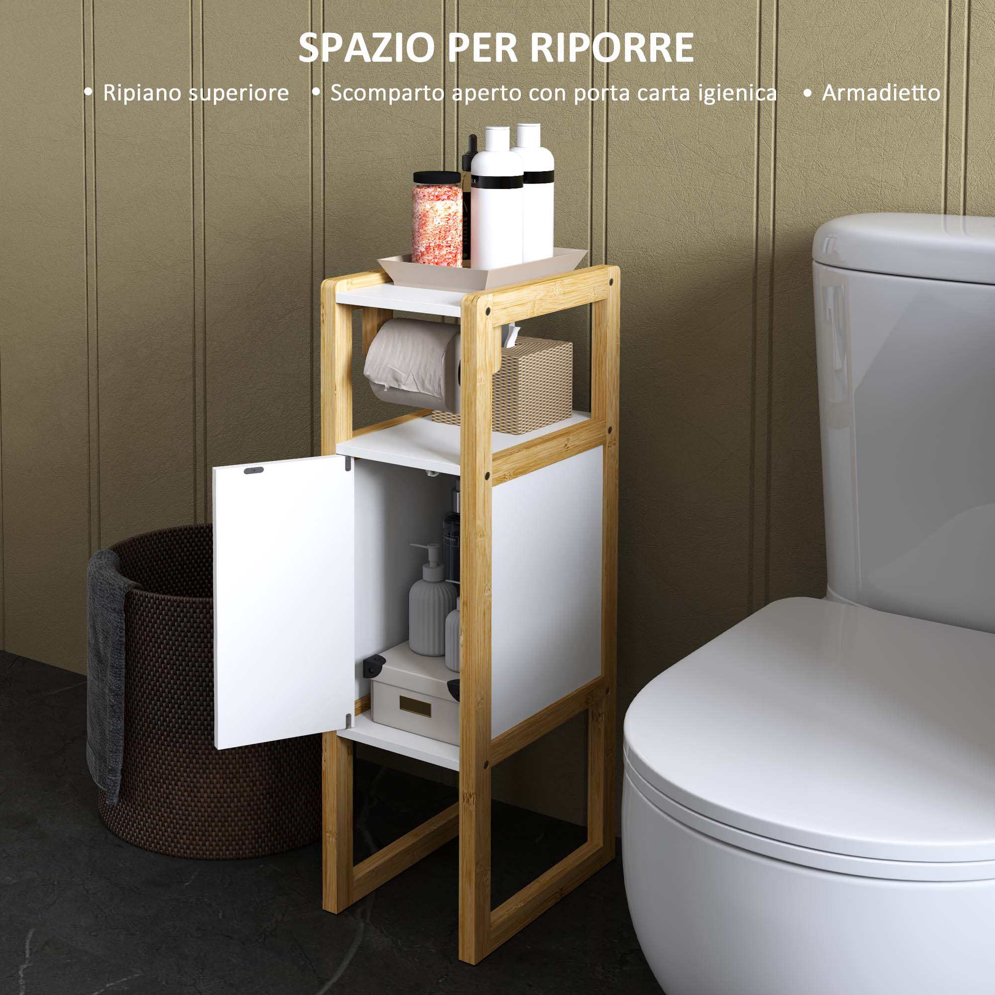 Mobiletto Bagno Salvaspazio Armadietto Porta Carta Igienica con Ripiano in Bambù 20x33x80cm Bianco