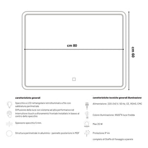 Ogomondo specchio 5mm rettangolare smussato doppia cornice led interruttoretouch *** misure 80x60 cm, tonalità stand...