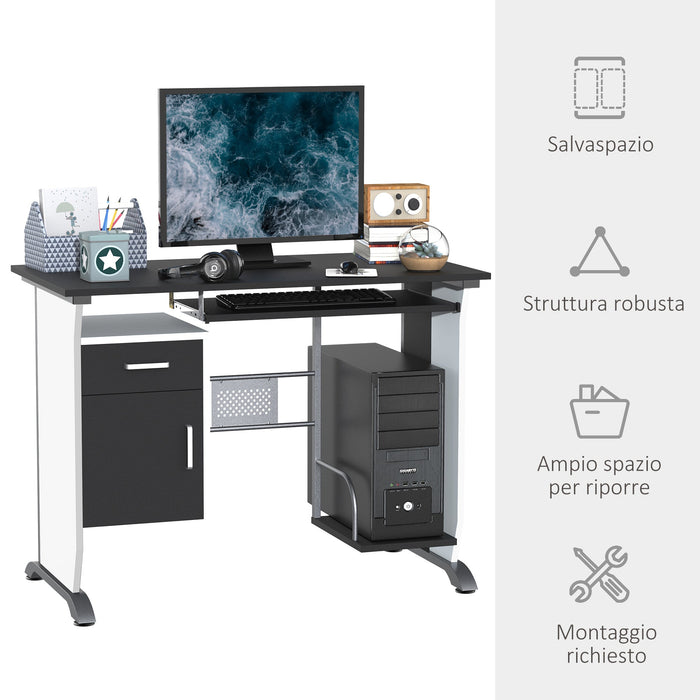 Scrivania per Computer con Ripiano Cassetto e Armadietto 100x52x75 cm in MDF e Ferro Bianca e Nera