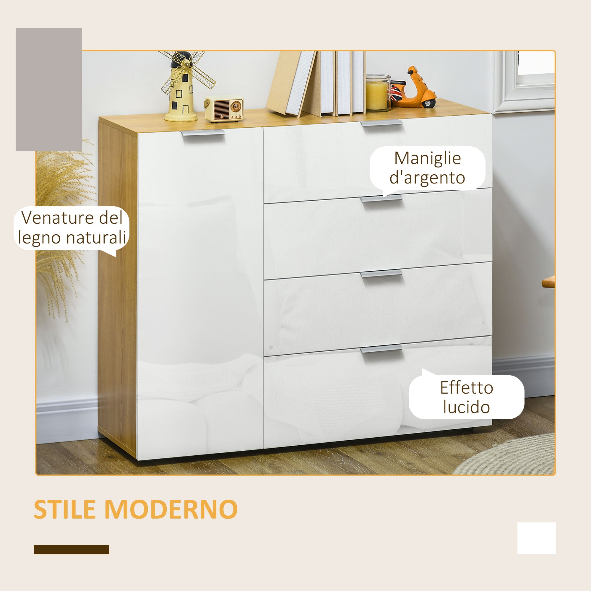 Mobile Multiuso 4 Cassetti 1 Anta 105x35x92 cm in Truciolato Bianco e Legno Naturale