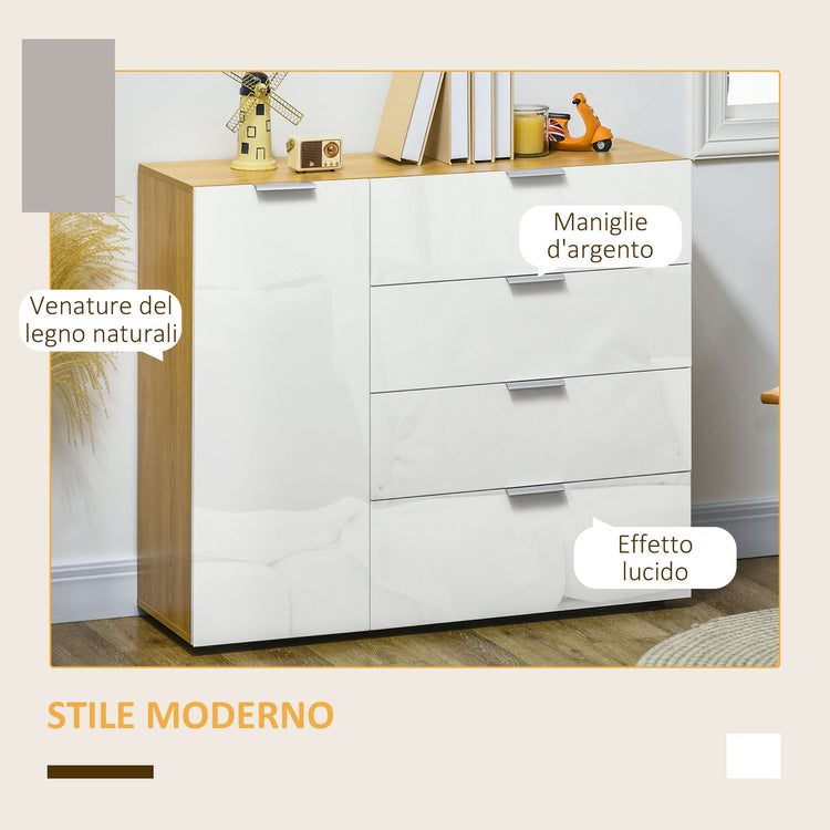 Mobile Multiuso 4 Cassetti 1 Anta 105x35x92 cm in Truciolato Bianco e Legno Naturale