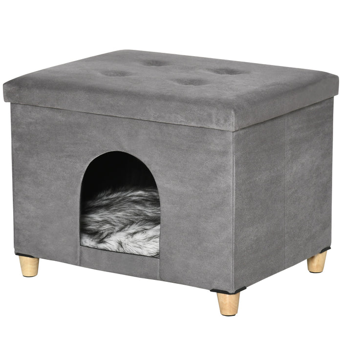 Casetta per Gatti Pouf Poggiapiedi Imbottito 60x45x44,5 cm con Cuscino Rimovibile e Lavabile Grigio