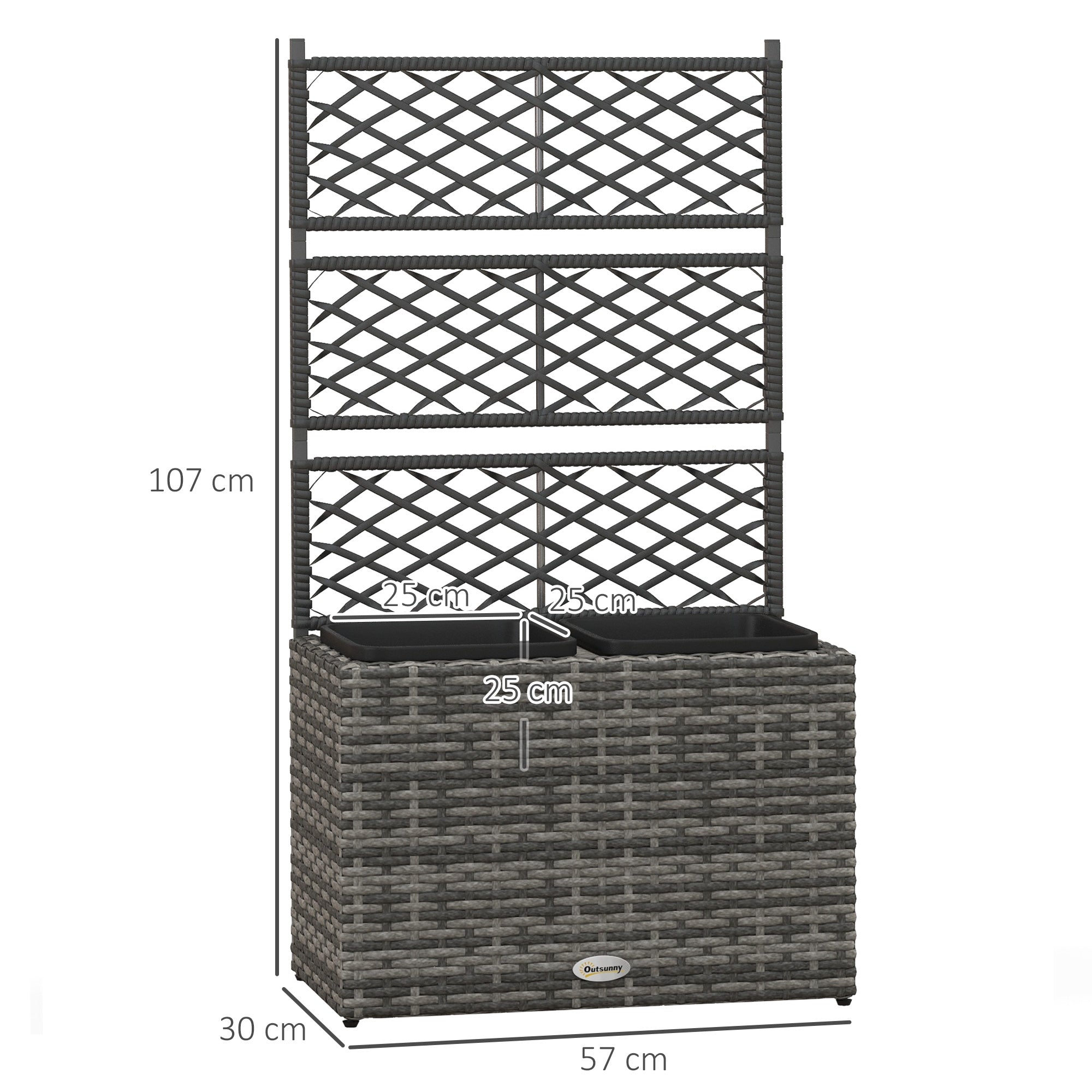 Fioriera con Grigliato per Rampicanti con 2 Vasi 57x30x107 cm in Acciaio e Rattan PE Grigio