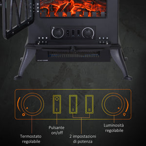 Camino Elettrico da Terra Effetto Fiamma in Stile Retrò Termostato 1000-2000W Nero