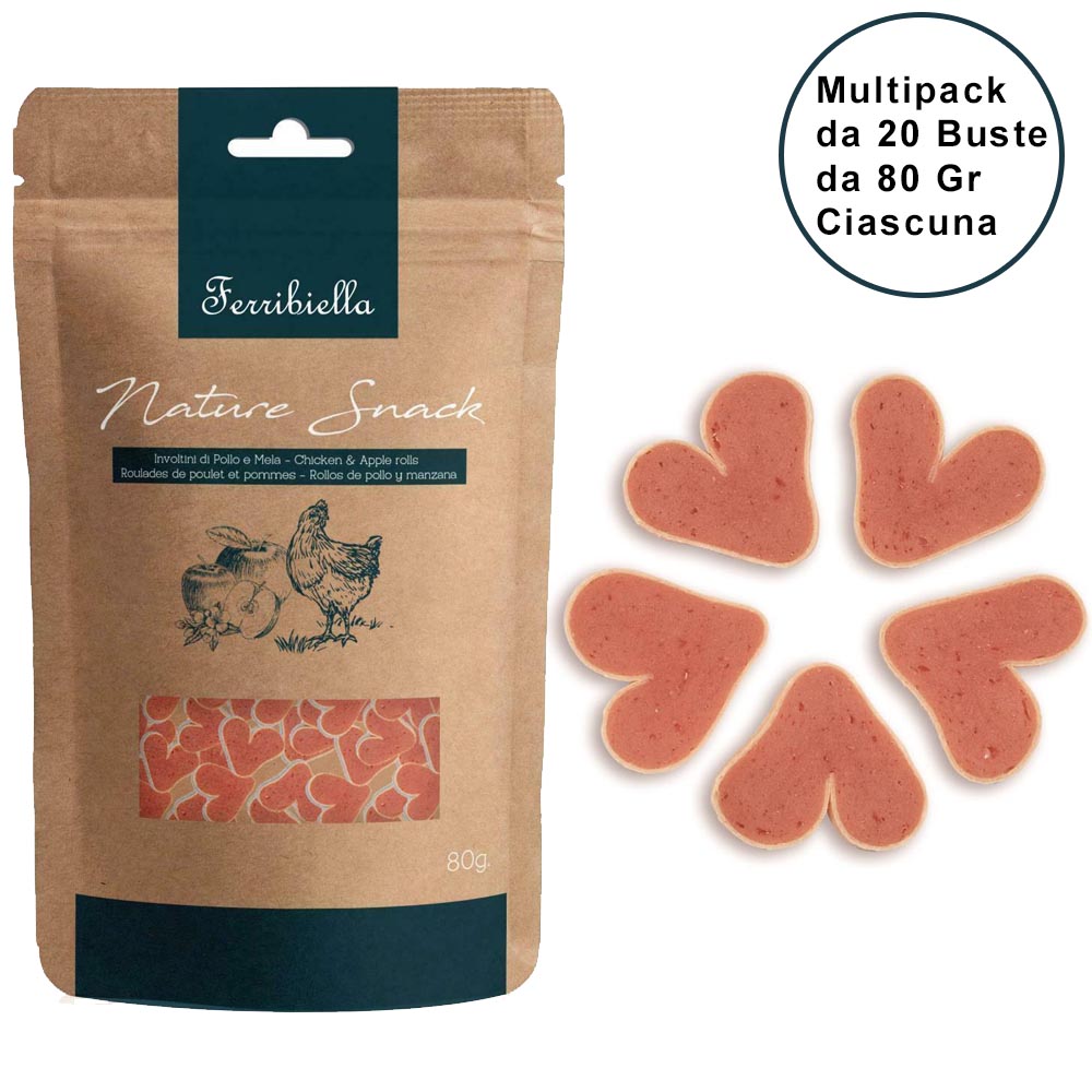 Nature snack per cani ferribiella cuoricini di pollo confezione da 20 buste da 80 gr