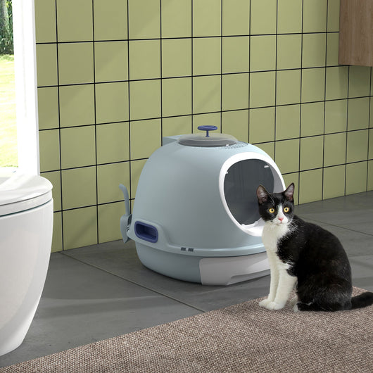 Toilette Chiusa per Gatti 47x55x44 cm con Vassoio Estraibile e Paletta Azzurro