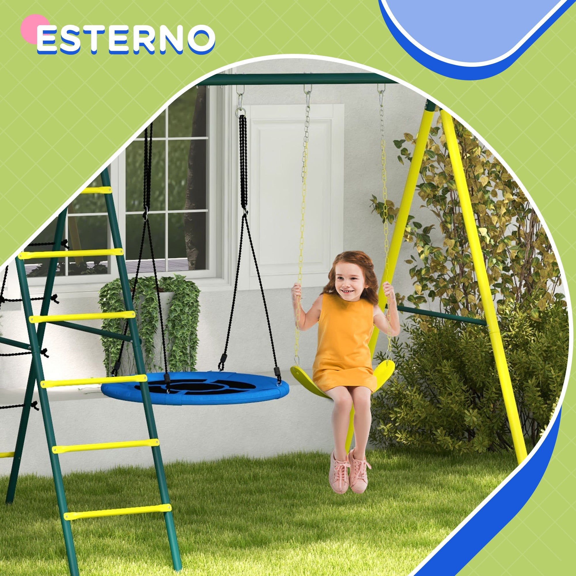 Set Altalene da Giardino Rotonda e Classica con Corda e Canestro 267x180x202 cm in Acciaio Giallo Verde e Blu