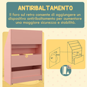 Libreria per Bambini con Ripiani Mensole e Cassetto 60x29,9x90 cm in MDF Rosa