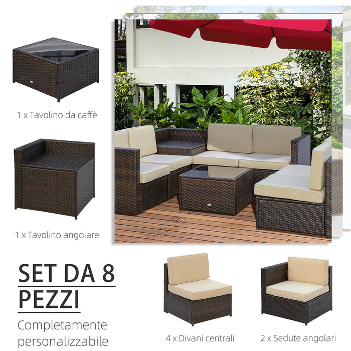 Set Salotto da Giardino 4 Poltrone 2 Poltrone Angolari e 2 Tavolini in Rattan PE Marrone