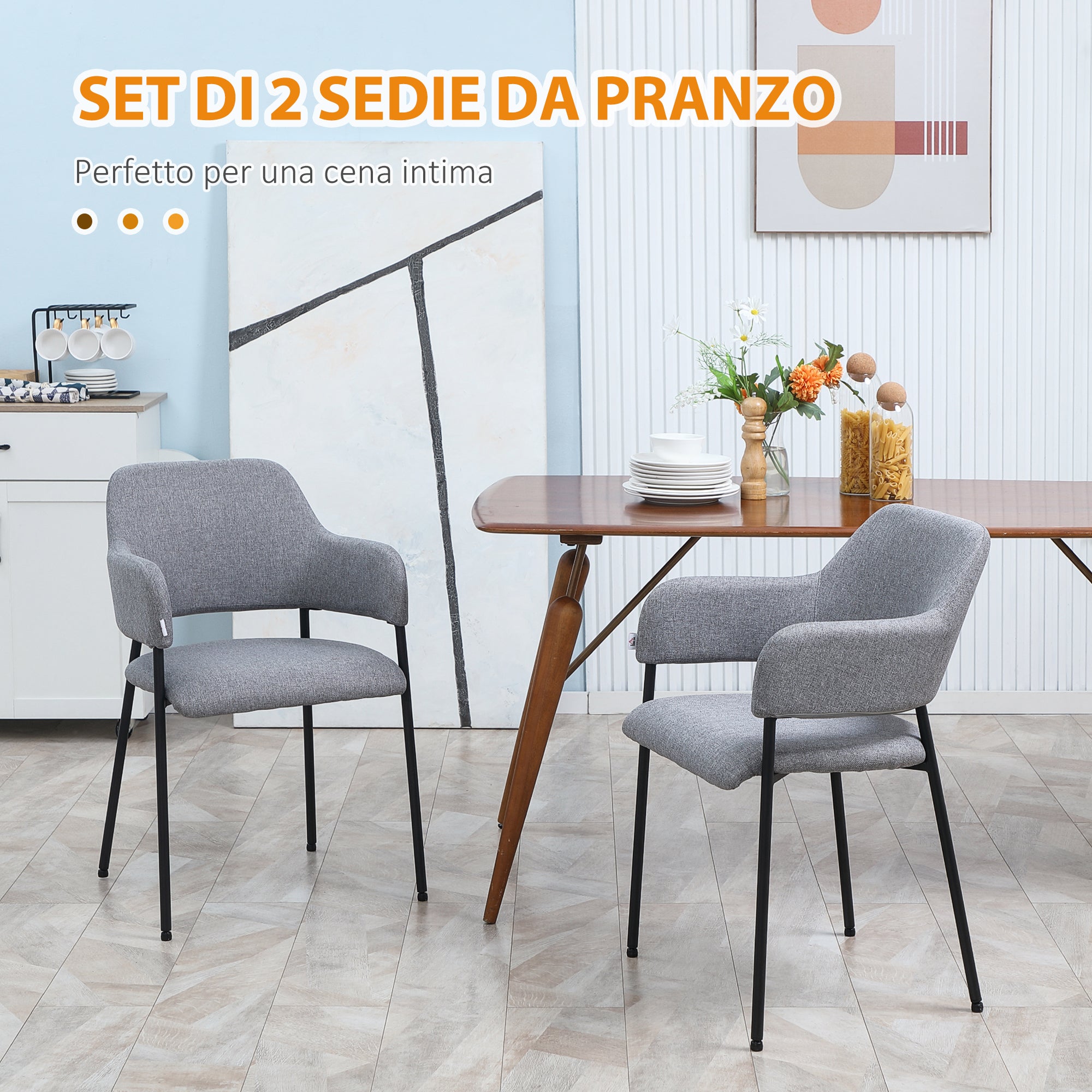 Set 2 Sedie Imbottite 54x54x84 cm in Tessuto Effetto Lino Grigio