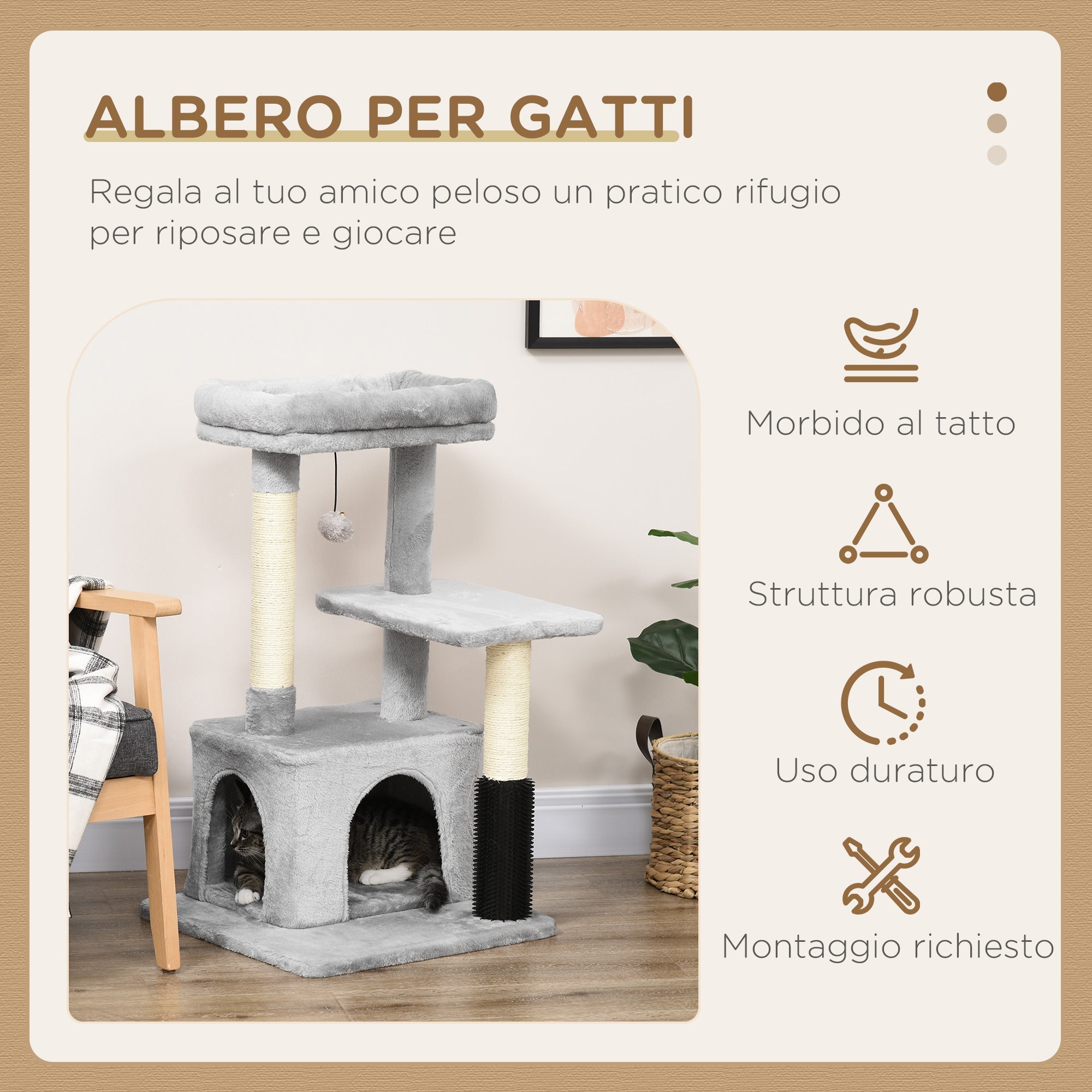 Albero Tiragraffi 48x48x85 cm Rivestimento in Peluche Grigio chiaro