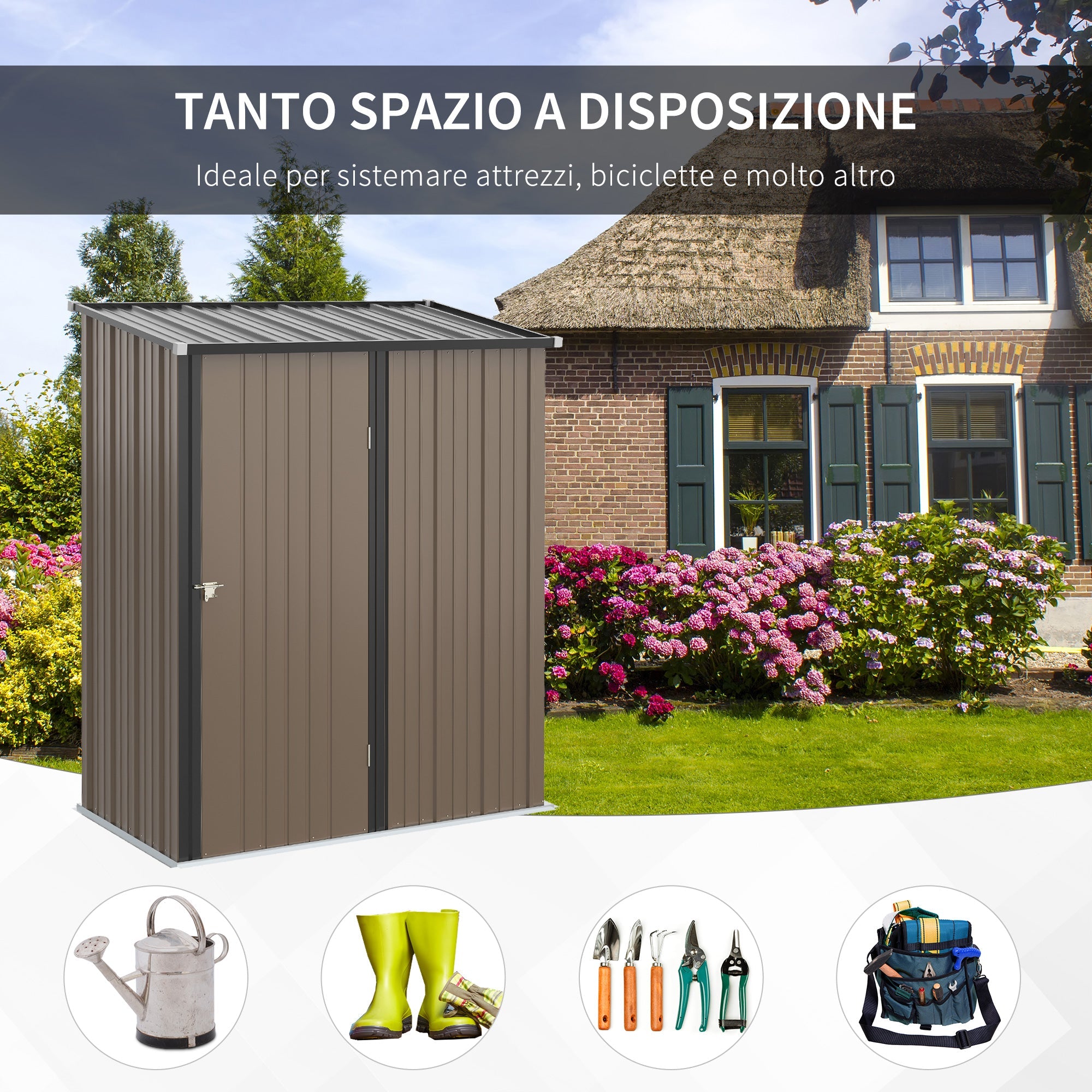 Casetta Box da Giardino 161,5x94,5x196 cm Porta Attrezzi con Catenaccio in Acciaio Marrone