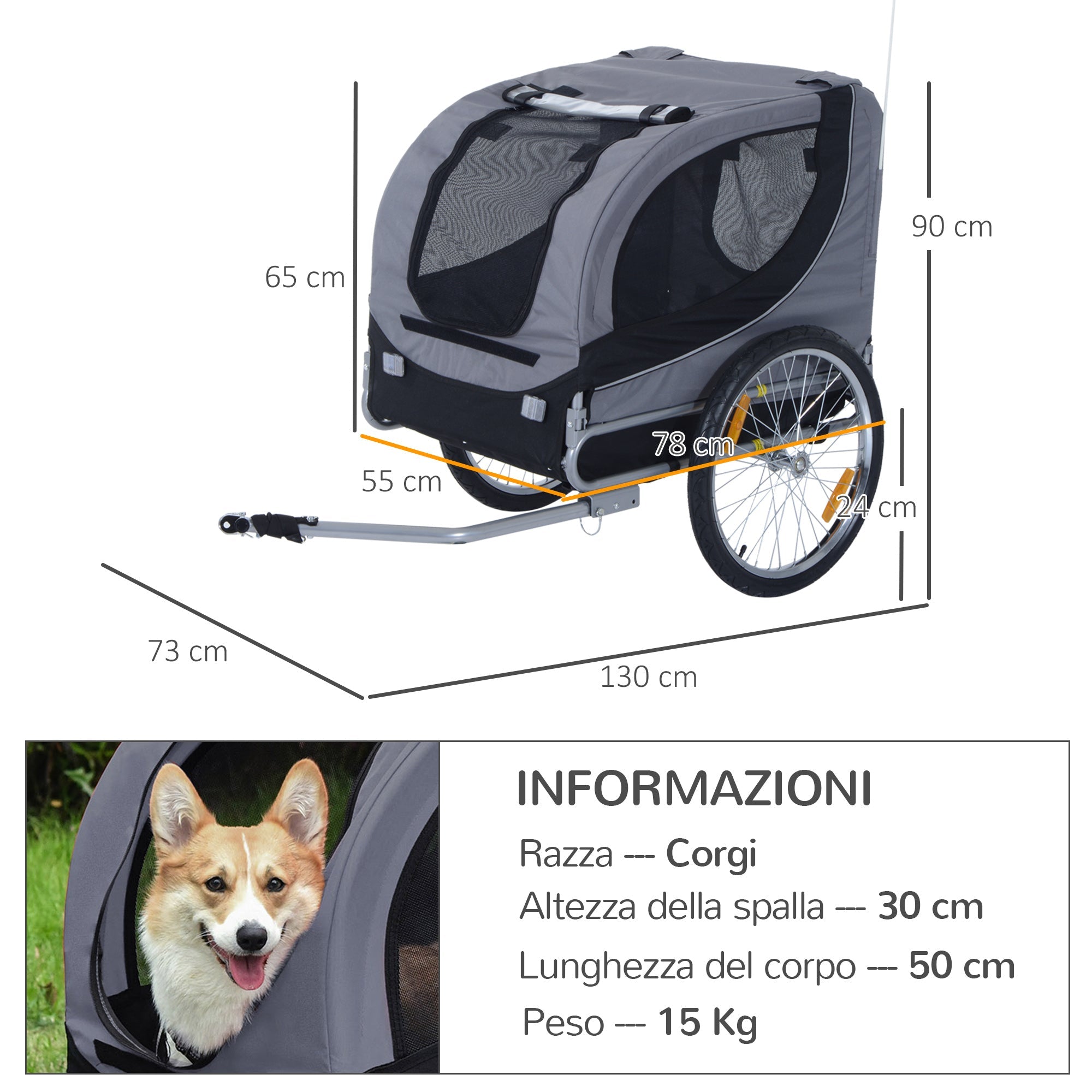 Rimorchio Bici per Cani Taglia Media con Finestre Laterali e Bandierina 130x73x90 cm  Grigio e Nero