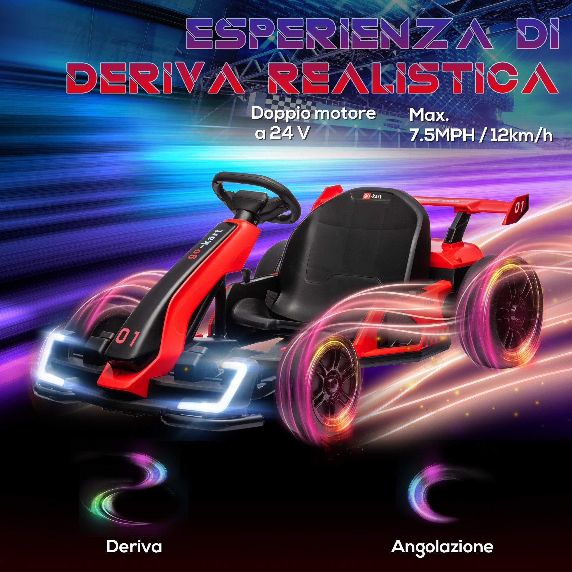 Go Kart Elettrico per Bambini 24V 12km/h con Seggiolino Regolabile Rosso