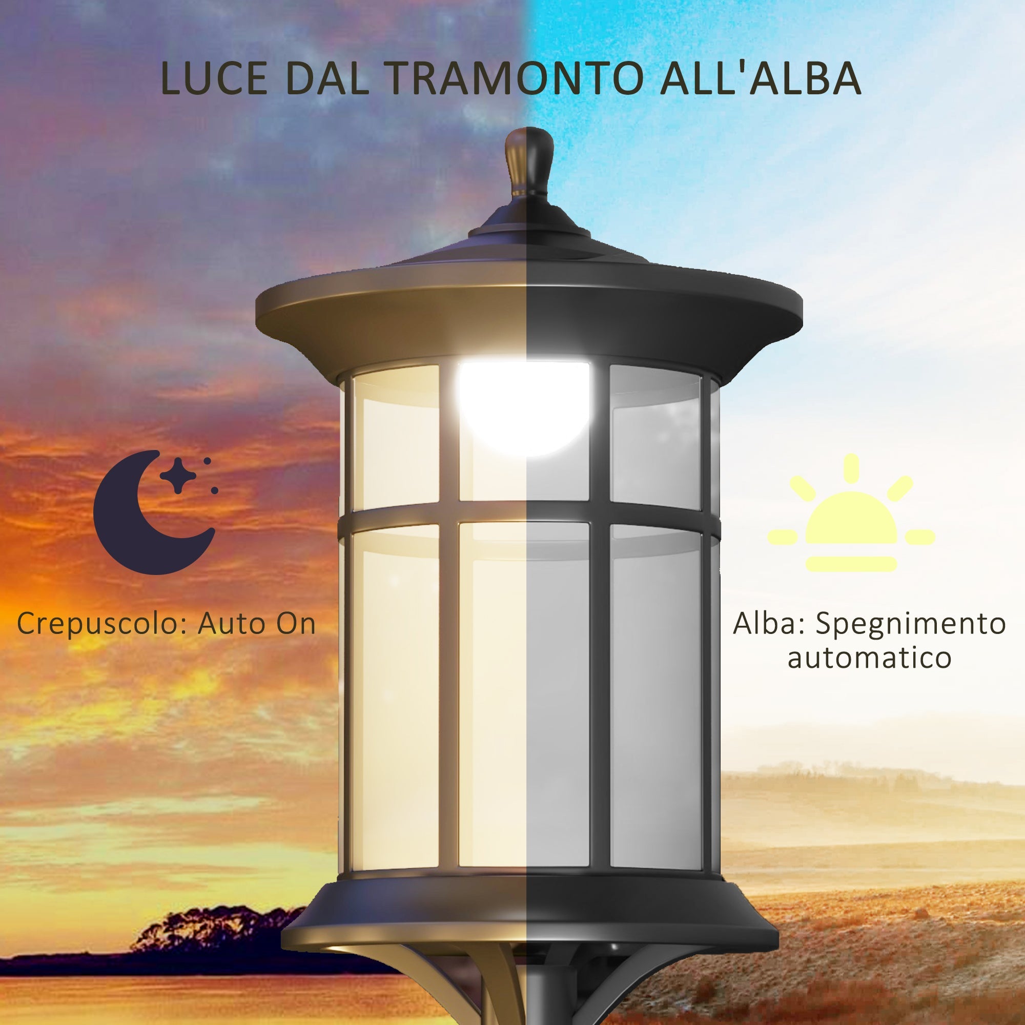 Lampione Solare da Giardino con Luce LED Bianco Freddo e IP44 H184 cm in Acciaio Inox e ABS Nero