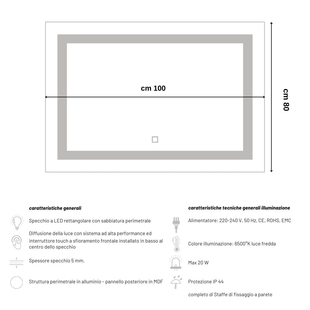 Ogomondo specchio 5 mm rettangolare squadrato cornice led interruttore touch mdf *** misure 100x80 cm, tonalità dimm...