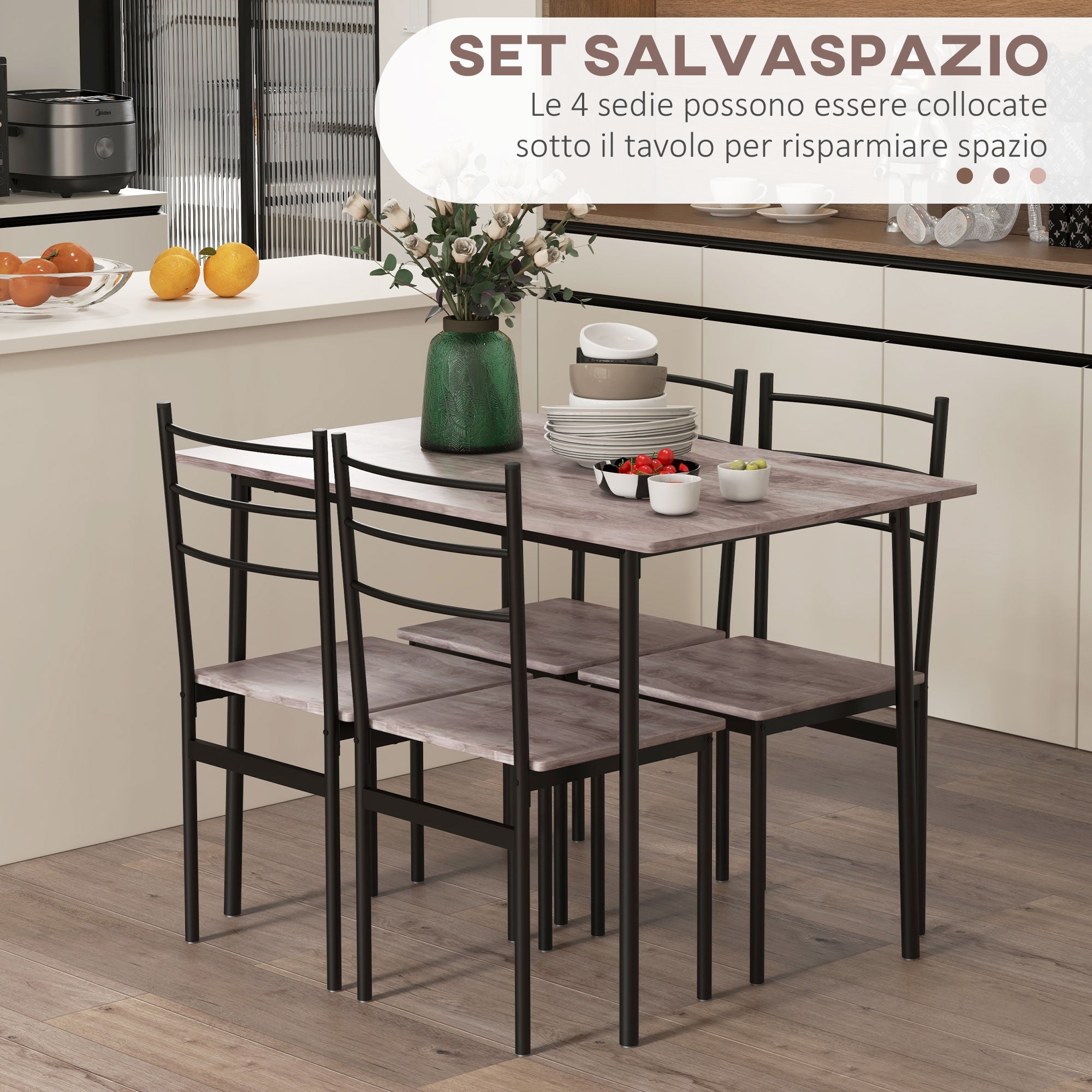 Set Tavolo Rettangolare con Sedie in MDF e Acciaio Nero e Marrone