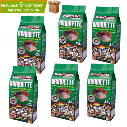 Multipack 6 sacchetti diavolina briquette carbone vegetale pressato 2,5 kg cadauno