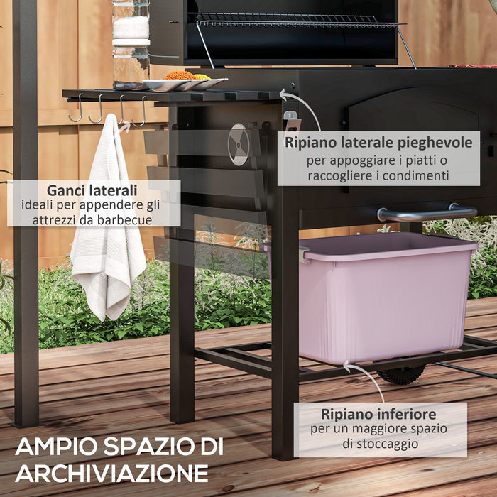 Barbecue da Giardino a 2 Ruote con Griglia Affumicatore e Fornello 124x66x112 cm in Metallo e Ghisa Nero