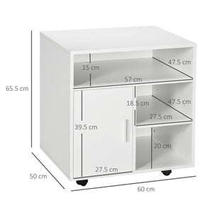 Mobiletto Porta Stampante con Ripiani Aperti e Armadietto 60x50x65.5cm in Legno Bianco