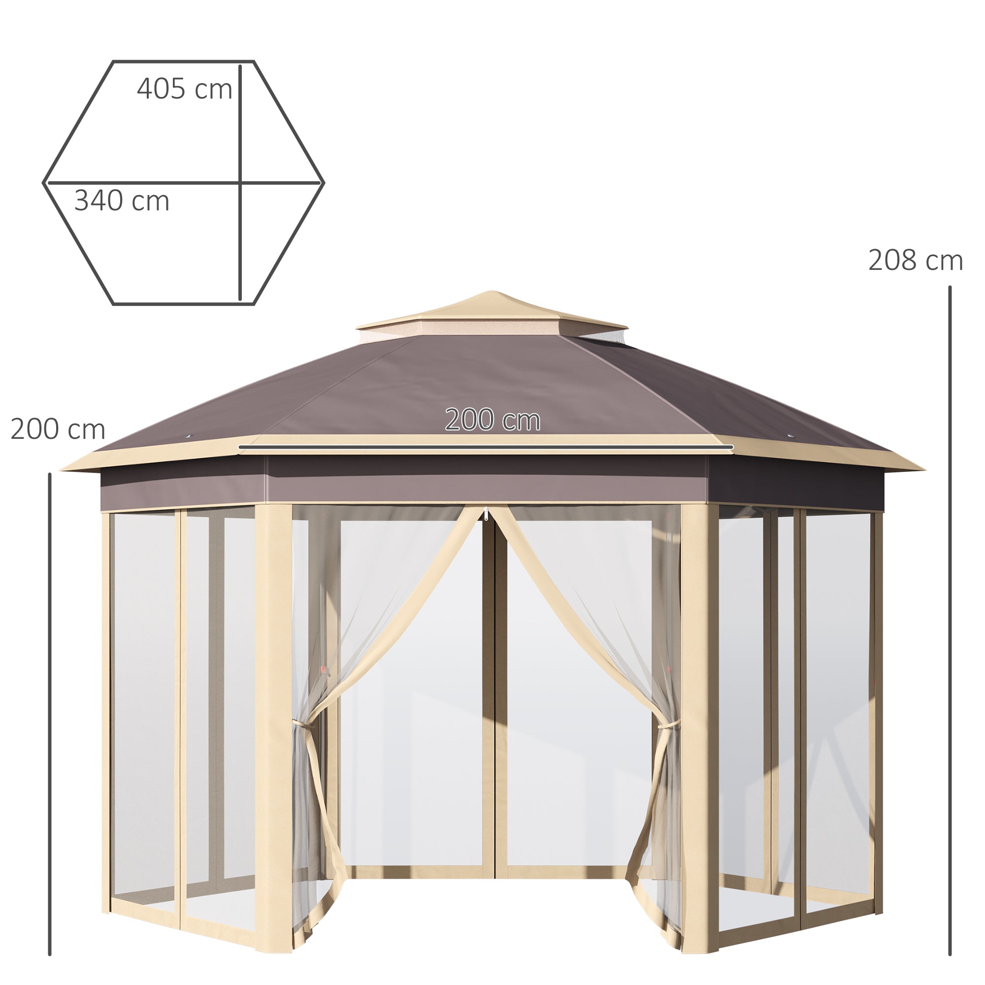 Gazebo Pieghevole da Giardino 4,05x3,4x2,85m con Zanzariera in Metallo e Tessuto Oxford Beige