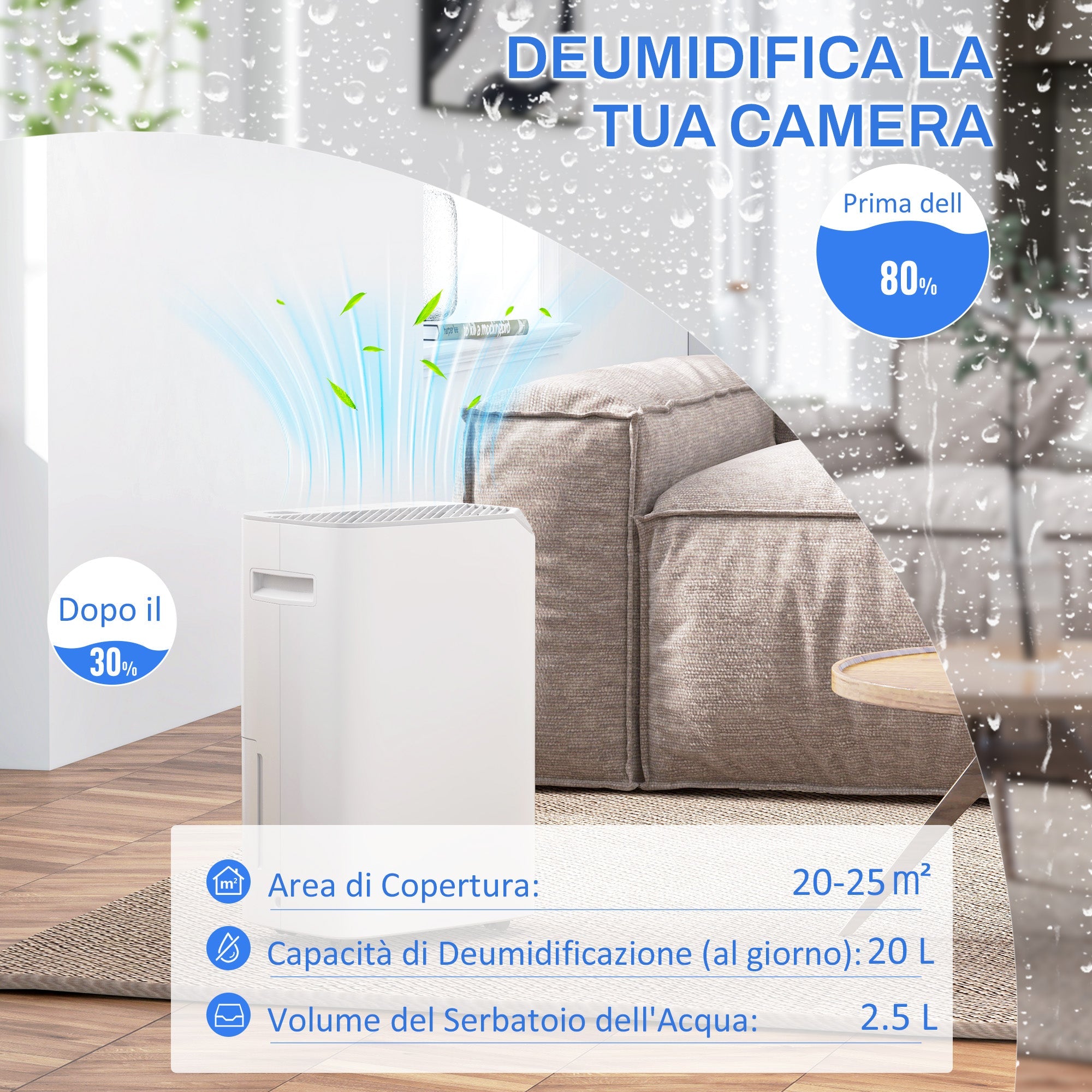 Deumidificatore Portatile Serbatoio 2,5L 32x23x49 cm Bianco