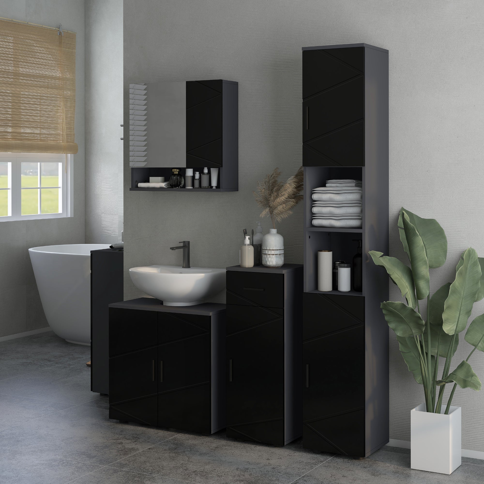 Mobile a Colonna per Bagno 30x30x183 cm in Truciolato Nero e Grigio