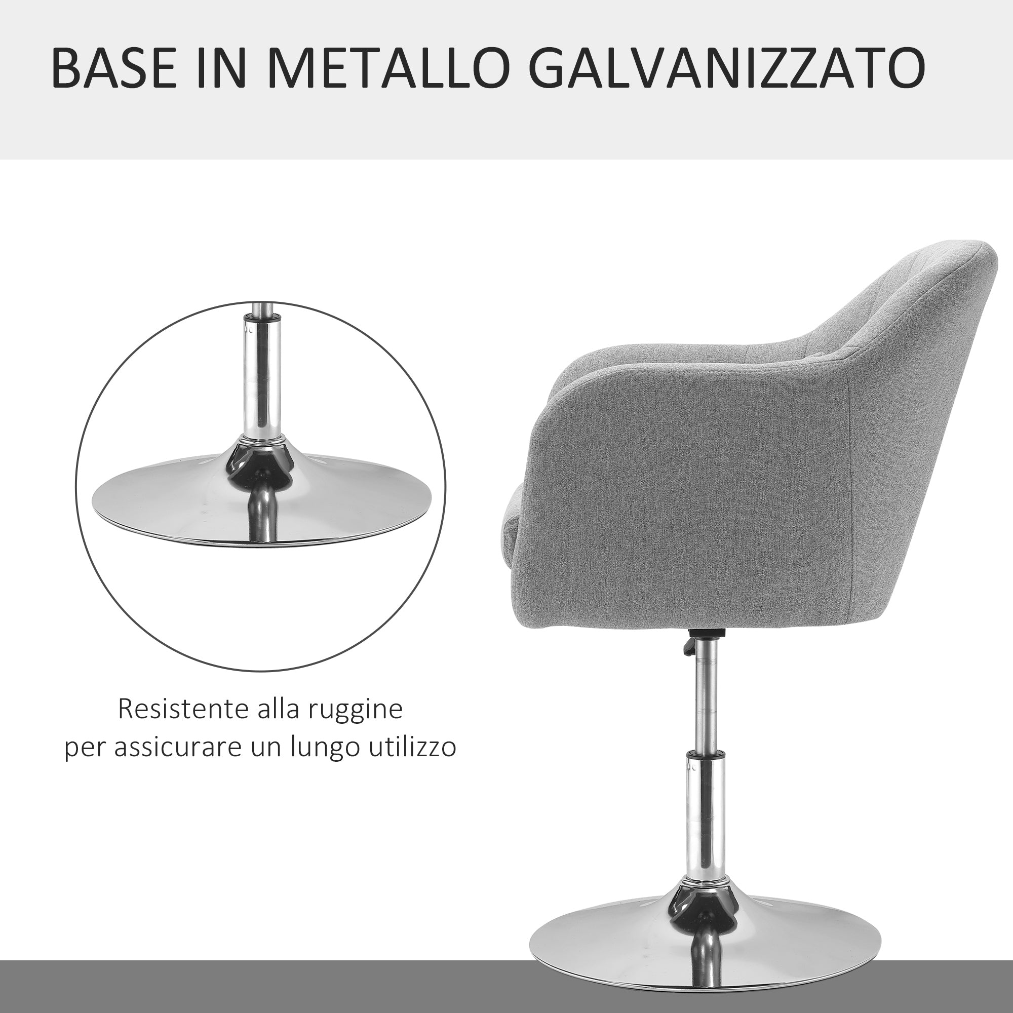 Sedia Girevole 360° 60x60x79-91 cm con Cuscino e Supporto Lombare Grigia