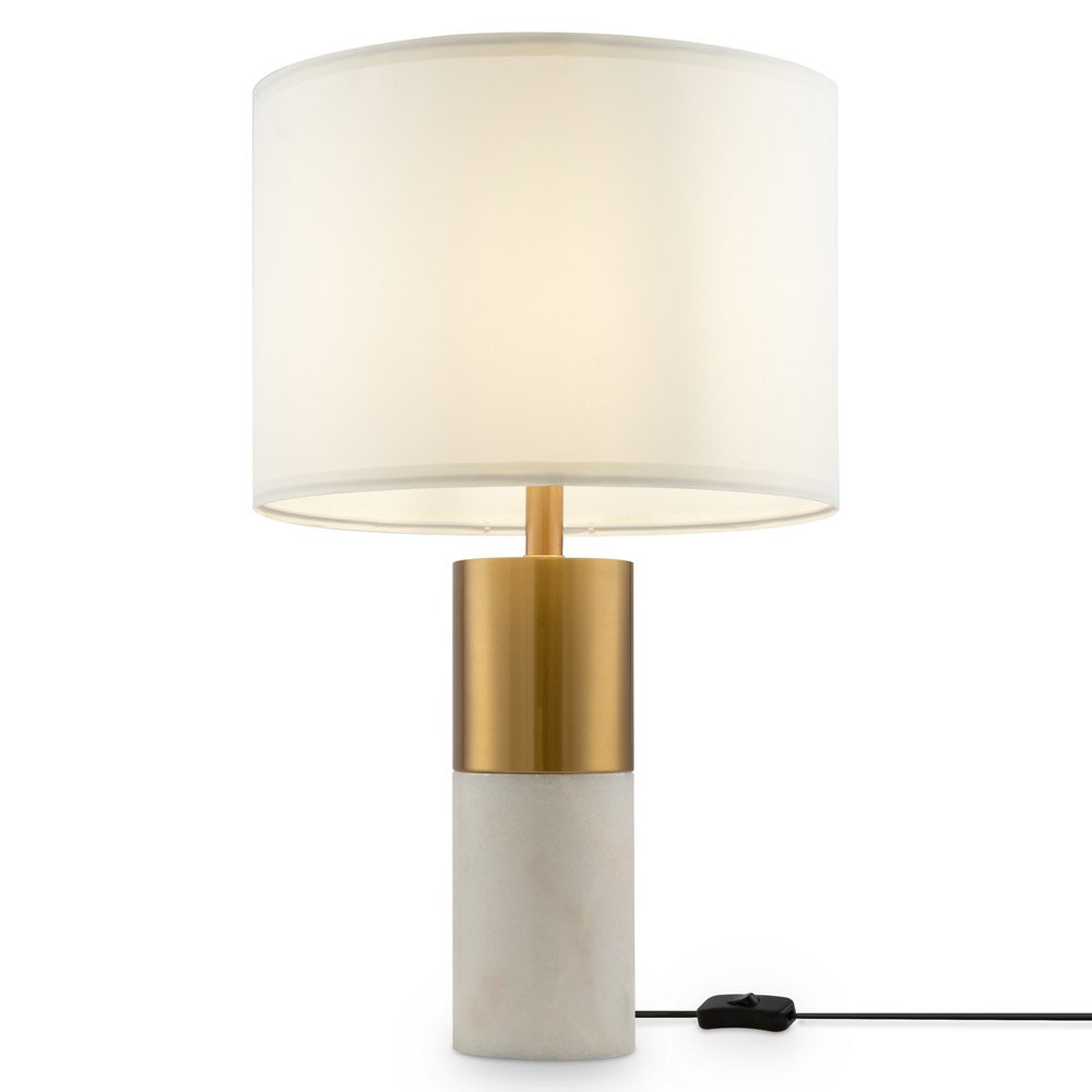 Lampada Da Tavolo Moderno Bianco Metallo Ottone Paralume Tessuto 1 Luce E27 60W