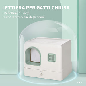 Lettiera per Gatti Chiusa 50x40x40 cm con Deodoranti Vassoio e Paletta Verde e Bianco