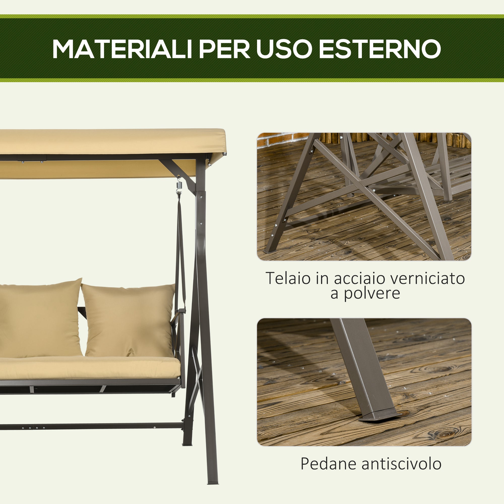 Dondolo da Giardino 3 Posti 190x120x178 cm in Acciaio e Poliestere Marrone e Kaki