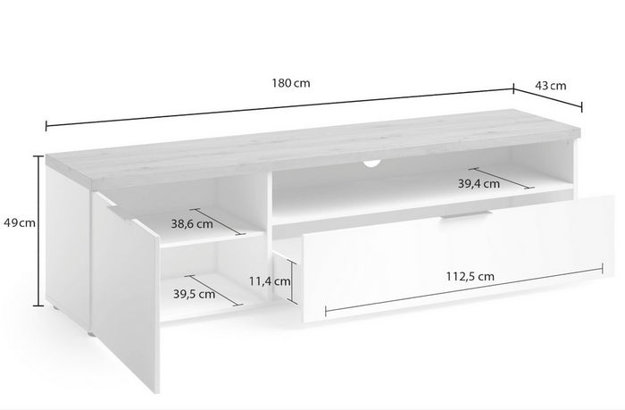 Porta TV moderno L.180 cm finitura Bianco laccato lucido e Castagno, ZEMPRTVWB1BIR 