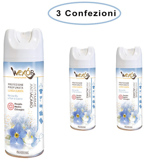 Wexor spray antitarme e antiacaro narciso blu e fiori di cotone professionale 3 confezioni da 400 ml