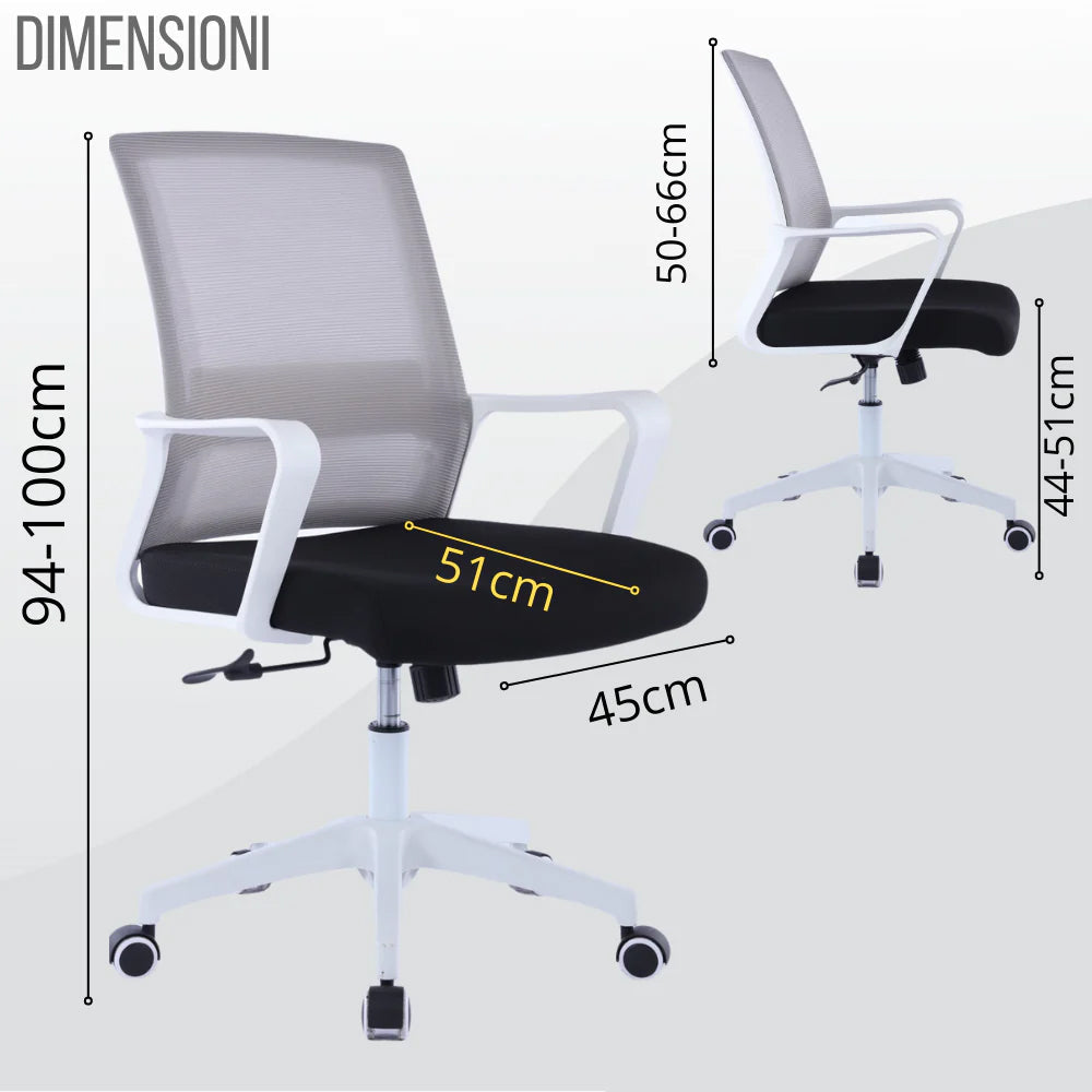 Sedia Operativa da Ufficio 45x51x94/100h cm Ergonomica con Supporto Lombare Bianca