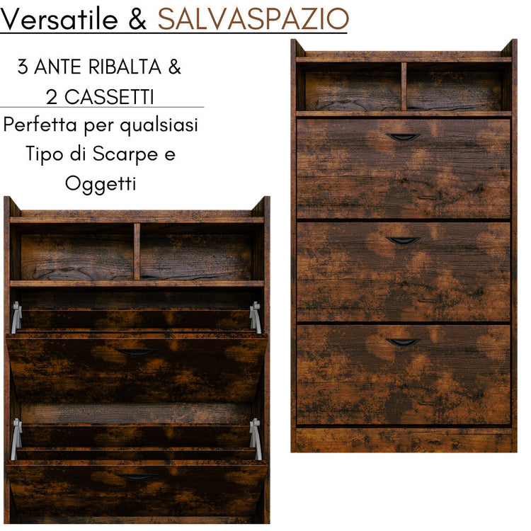 Scarpiera Salvaspazio 3 Ante a Ribalta 60x24x120h cm in Melaminico Industrial