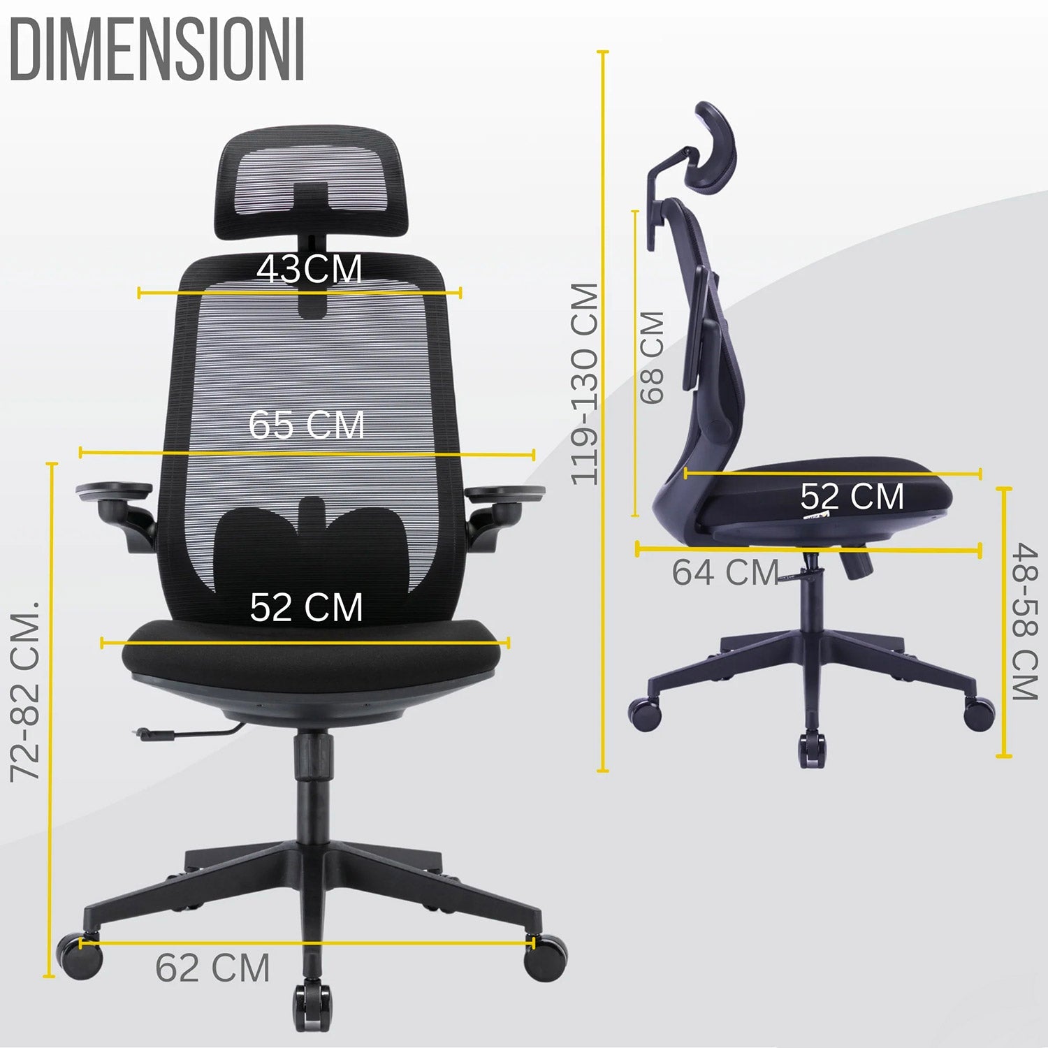 Sedia Direzionale da Ufficio 62x64x119/139 cm Ergonomica con Poggiabraccia Richiudibili Nera