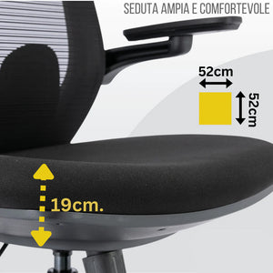 Sedia Direzionale da Ufficio 62x64x119/139 cm Ergonomica con Poggiabraccia Richiudibili Nera