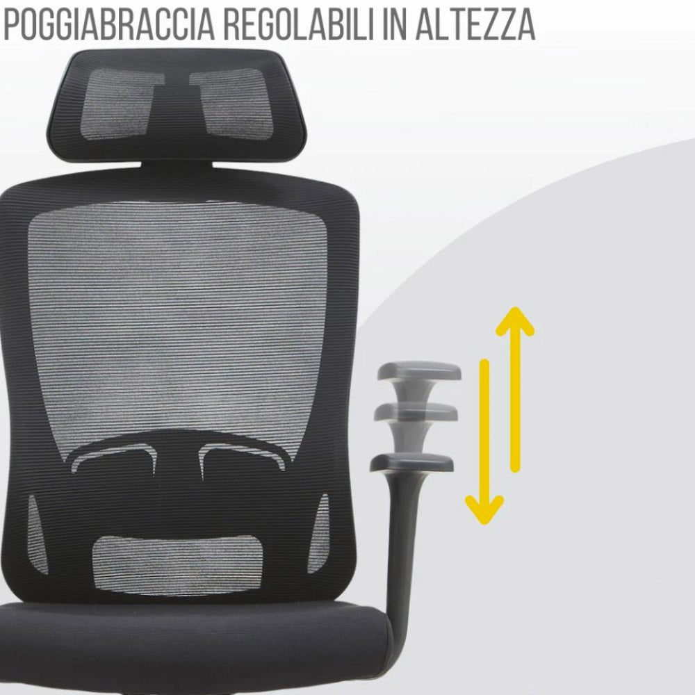 Sedia Direzionale da Ufficio 62x64x119/139 cm Ergonomica con Poggiabraccia Regolabili Nera