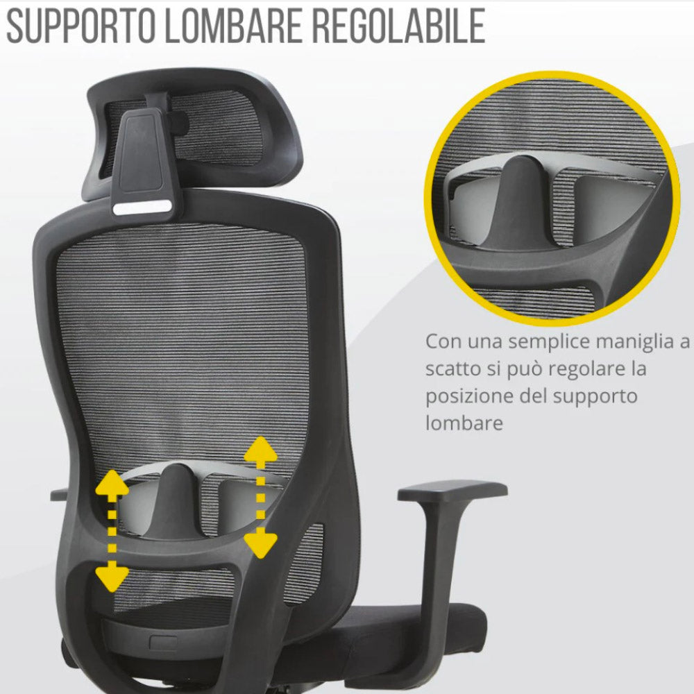 Sedia Direzionale da Ufficio 62x64x119/139 cm Ergonomica con Poggiabraccia Regolabili Nera