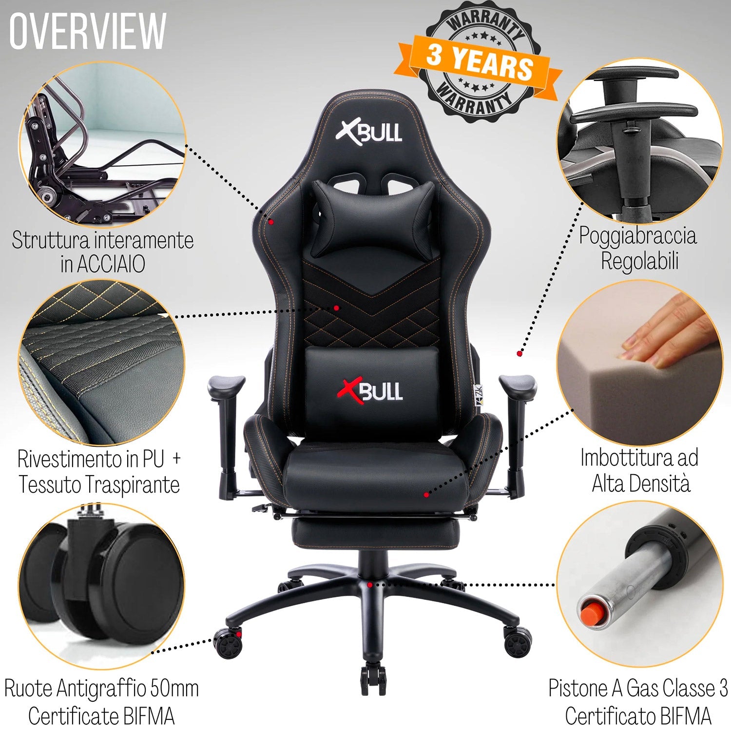 Sedia Gaming da Ufficio 68x55x129/139 cm con Poggiapiedi e Supporto Lombare Nera