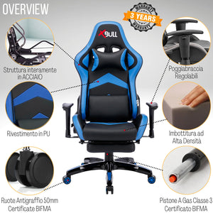 Sedia Gaming da Ufficio 68x55x129/139 cm con Poggiapiedi e Supporto Lombare Blu e Nero