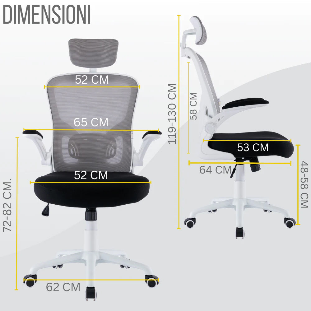 Sedia Direzionale da Ufficio 62x63x119/129 cm Ergonomica con Braccioli Pieghevoli Bianca e Nera