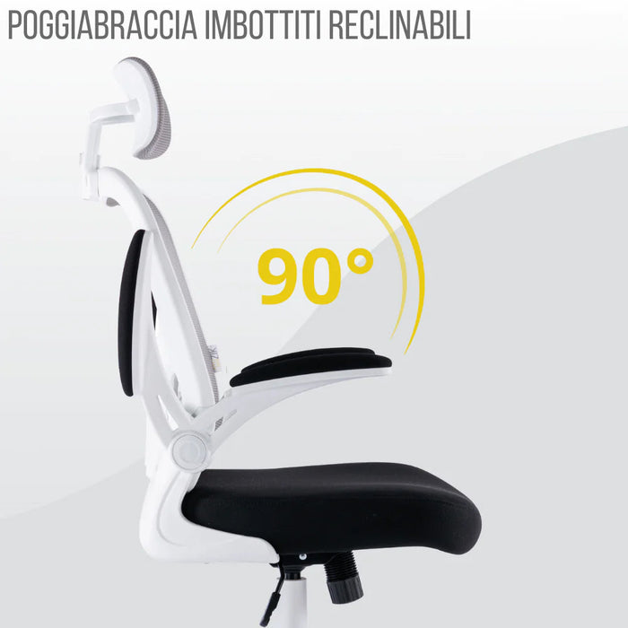 Sedia Direzionale da Ufficio 62x63x119/129 cm Ergonomica con Braccioli Pieghevoli Bianca e Nera