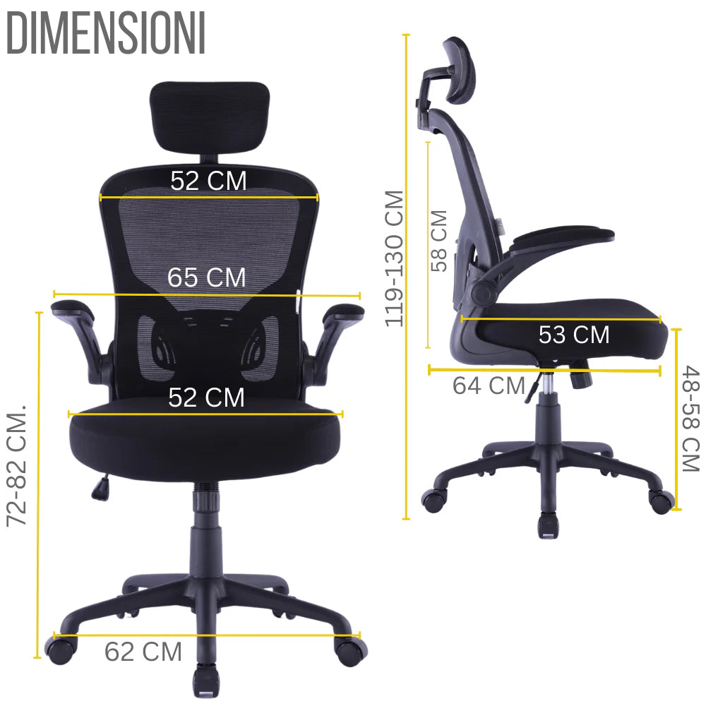 Sedia Direzionale da Ufficio 62x63x119/129 cm Ergonomica con Braccioli Pieghevoli Certificata EN1335 Nera