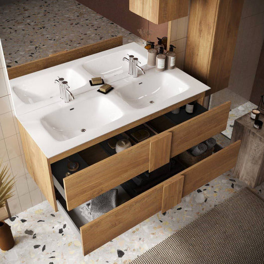 Mobile da bagno sospeso con doppio lavabo, finitura Mercure, Made in Italy 