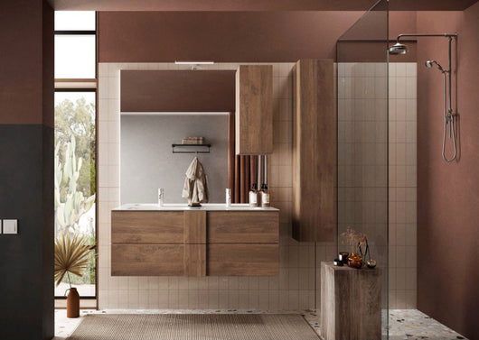 Mobile da bagno sospeso con doppio lavabo, finitura Mercure, Made in Italy 