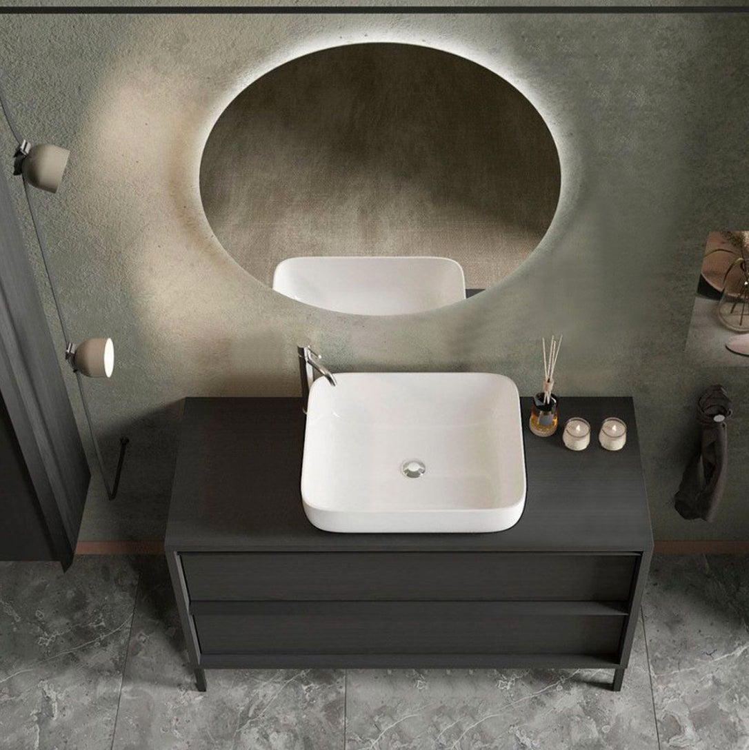 Mobile da bagno due cassetti Nero Frassinato con piedini L.92 cm, Made in Italy 