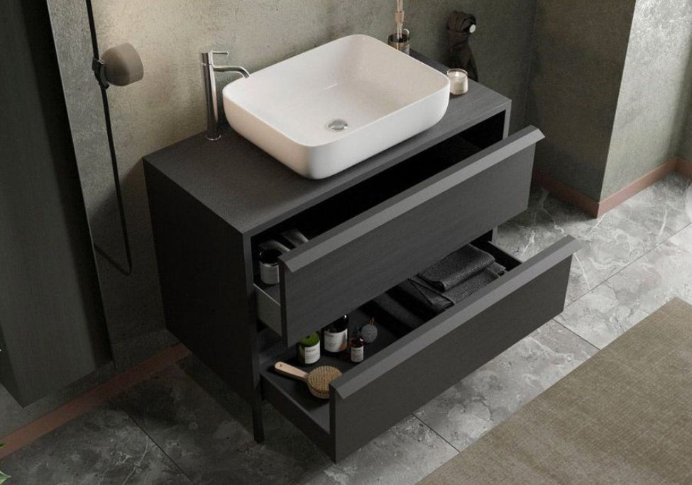 Mobile da bagno due cassetti Nero Frassinato con piedini L.92 cm, Made in Italy 