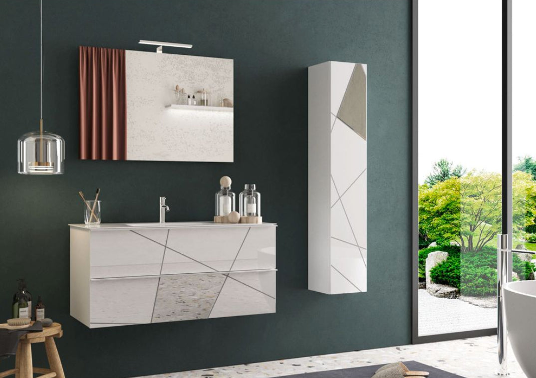 Mobile da bagno 2 cassetti sospeso, finitura Bianco lucido 