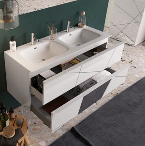 Elegante Mobile da bagno sospeso con doppio lavabo, Made in Italy 